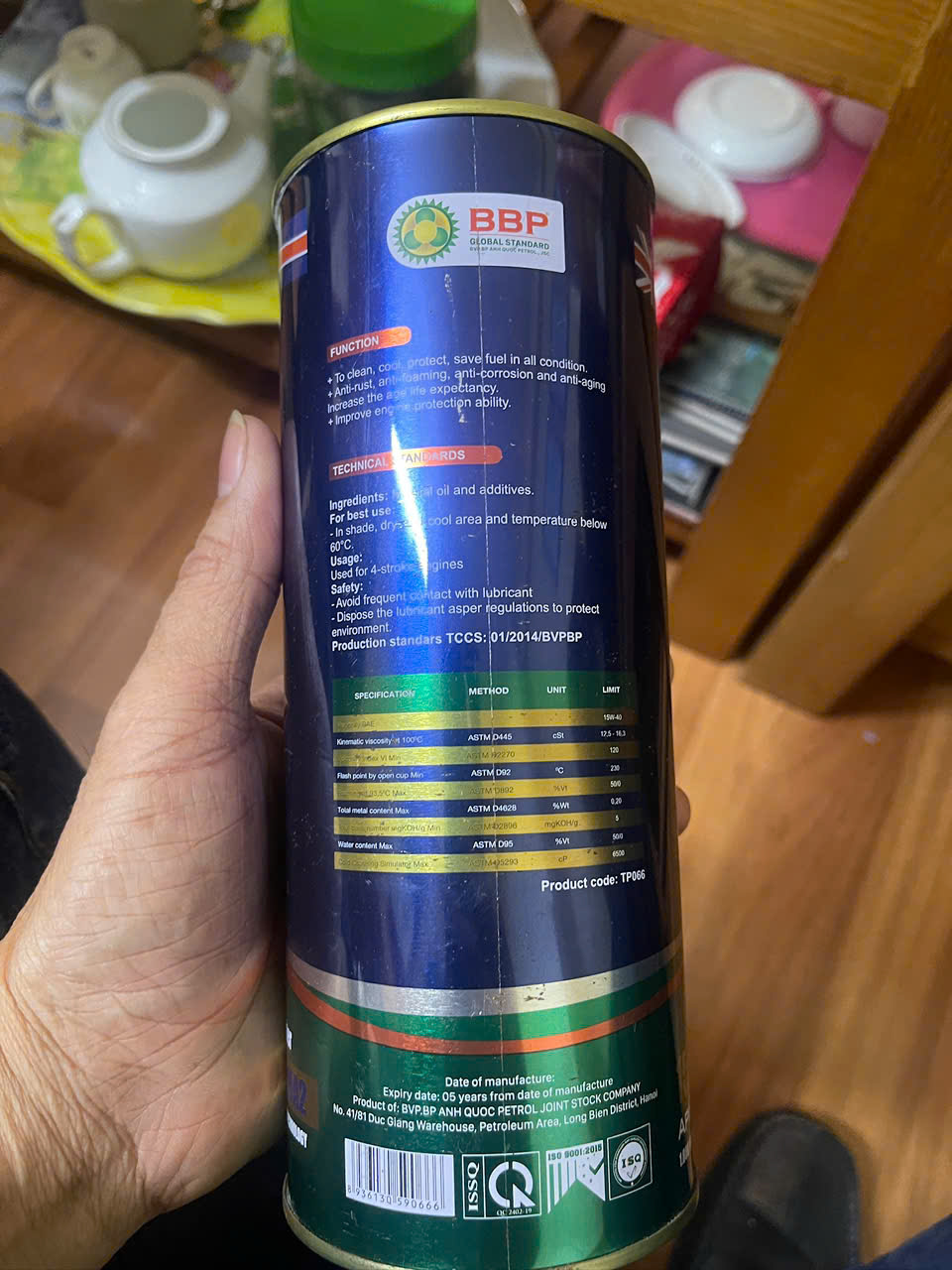 BVP 15W-40 — Lon 1L (mặt sau thông số kỹ thuật)